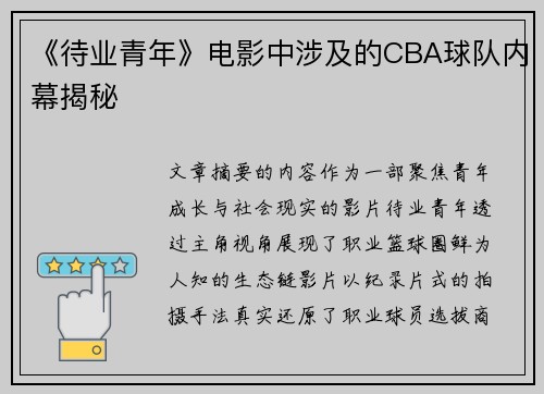 《待业青年》电影中涉及的CBA球队内幕揭秘