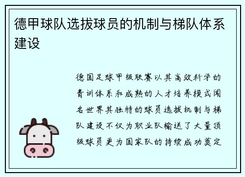 德甲球队选拔球员的机制与梯队体系建设