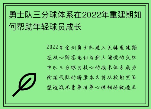 勇士队三分球体系在2022年重建期如何帮助年轻球员成长